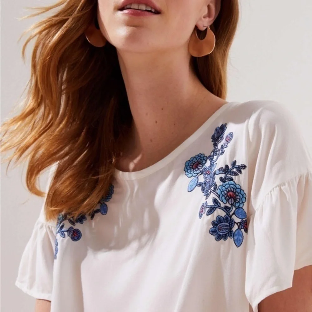 Loft Floral Embroidered Ruffle Cuff Top - Picture 5 of 8